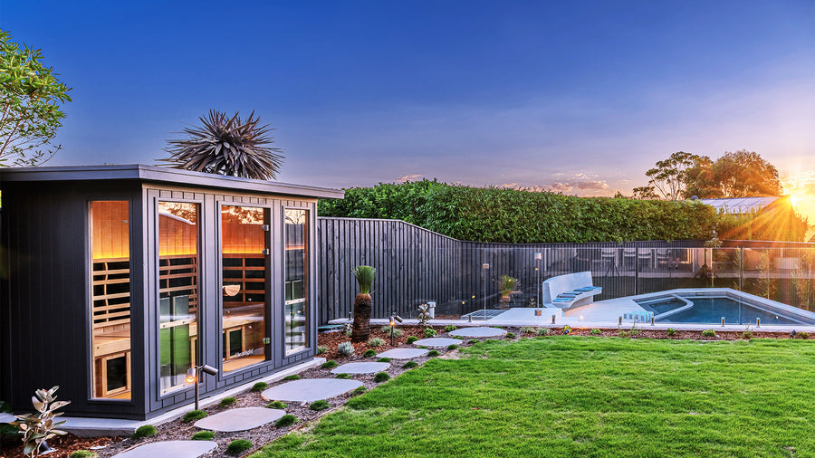 Outdoor Sauna & Pool Area Lighting at Dusk with Garden Spike Lights